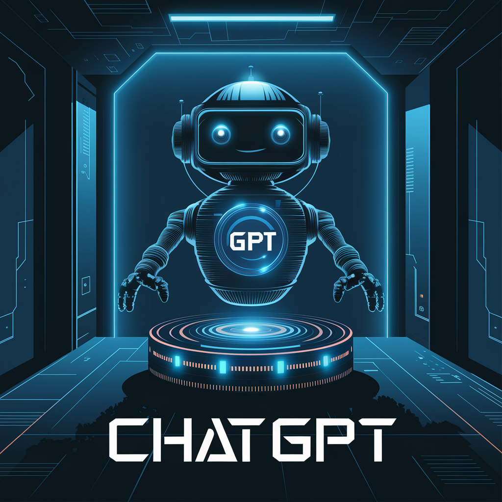 Un robot futurista con una apariencia amigable y luces azules brillantes, con las letras "GPT" en su pecho, situado en una plataforma tecnológica dentro de una habitación con un diseño futurista. El texto "ChatGPT" aparece en la parte inferior de la imagen.