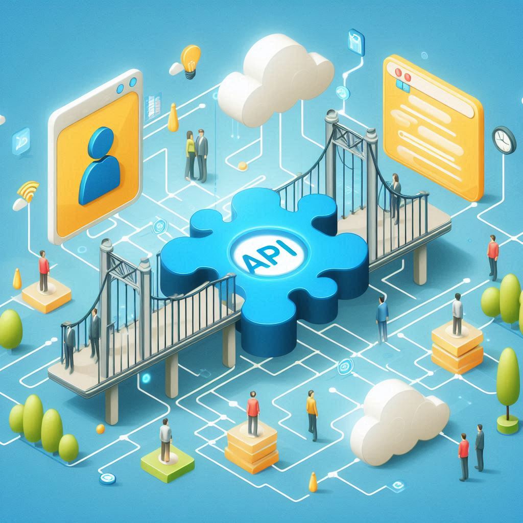 Ilustración de una API representada como una pieza de rompecabezas conectada por puentes a diferentes sistemas y servicios en la nube.