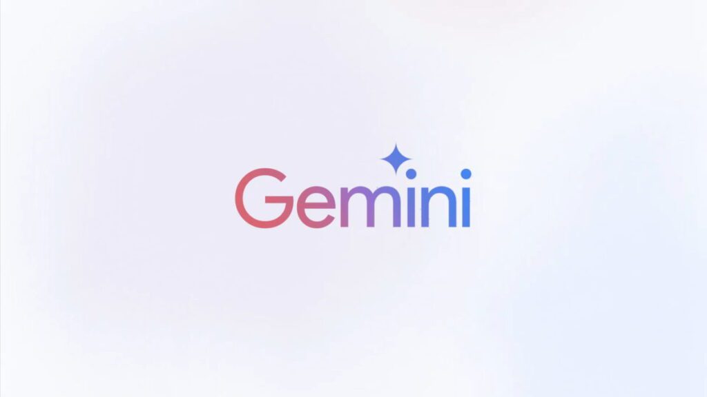 Logotipo de Gemini con texto en degradado de colores rojos y azules, acompañado de una estrella estilizada en la parte superior de la letra "i".