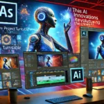 Espacio de trabajo futurista con pantallas vibrantes mostrando herramientas de edición y creación impulsadas por la inteligencia artificial de Adobe.