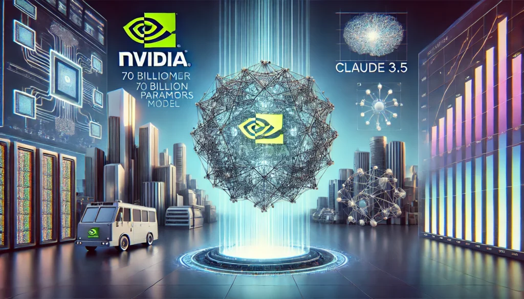 Imagen futurista con el logotipo de Nvidia destacando en un entorno tecnológico, representando un modelo de lenguaje open source de 70 mil millones de parámetros.