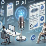 Ilustración futurista de un entorno de inteligencia artificial mostrando la creación de podcasts en español e integración con Google Drive para empresas.
