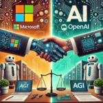 Ilustración que muestra la alianza y tensión entre Microsoft y OpenAI, con un apretón de manos robótico representando su colaboración en inteligencia artificial.