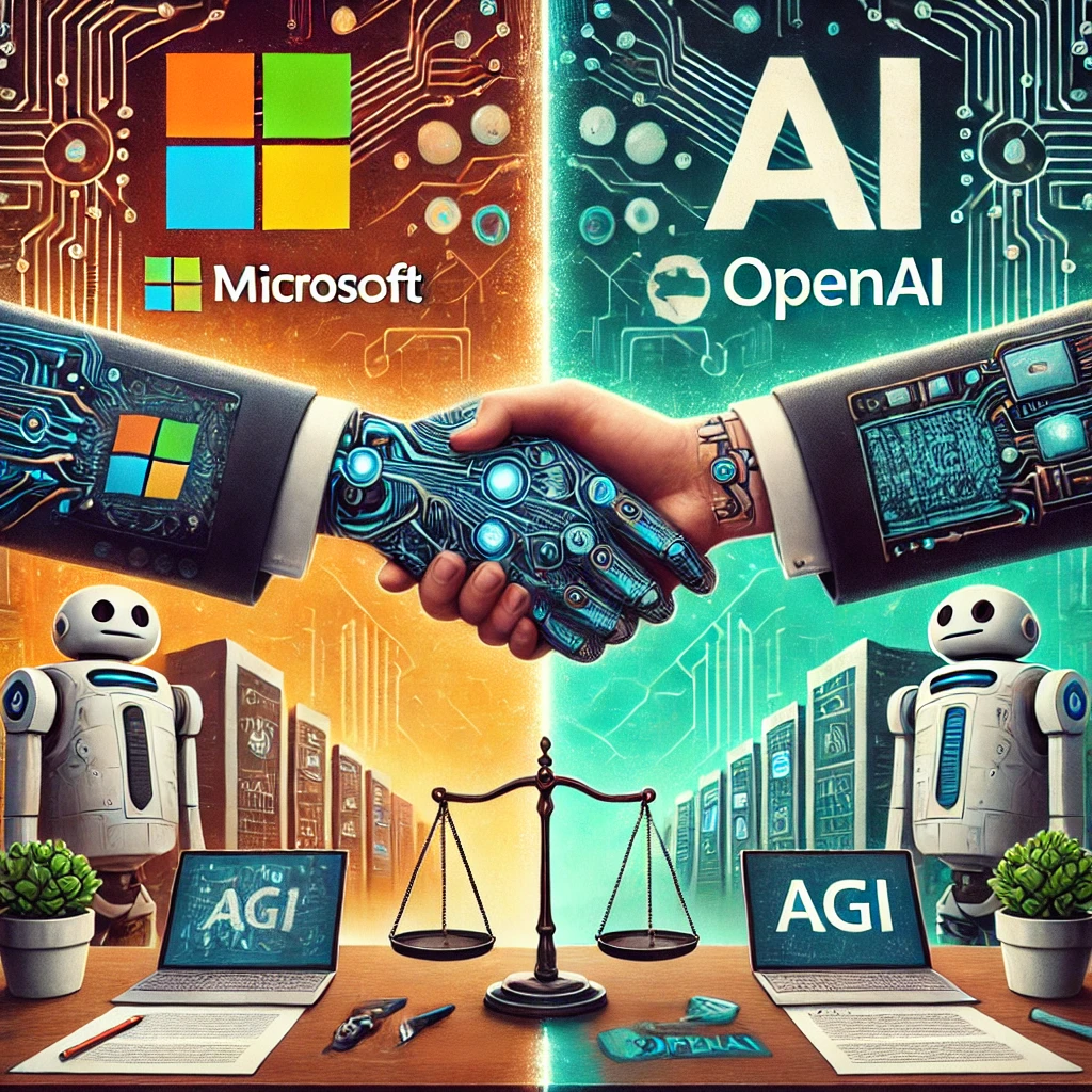 Ilustración que muestra la alianza y tensión entre Microsoft y OpenAI, con un apretón de manos robótico representando su colaboración en inteligencia artificial.