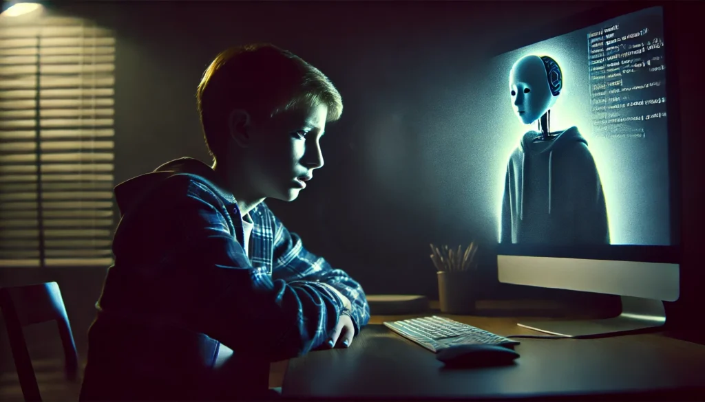 Escena oscura y emocional de un adolescente mirando angustiado la pantalla de una computadora, interactuando con un chatbot en una habitación tenue.