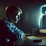 Escena oscura y emocional de un adolescente mirando angustiado la pantalla de una computadora, interactuando con un chatbot en una habitación tenue.