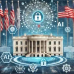La Casa Blanca rodeada de iconos tecnológicos y de IA, representando su designación de la inteligencia artificial como un tema de seguridad nacional en Estados Unidos.