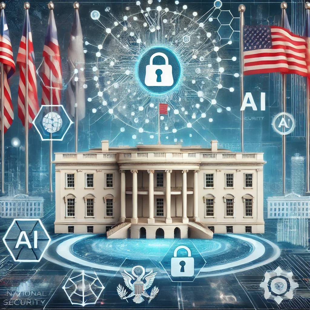 La Casa Blanca rodeada de iconos tecnológicos y de IA, representando su designación de la inteligencia artificial como un tema de seguridad nacional en Estados Unidos.