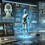 Entorno futurista mostrando robots y pantallas con datos de rendimiento de Claude 3.5 Sonet, destacando la API de uso de computadora para tareas avanzadas.