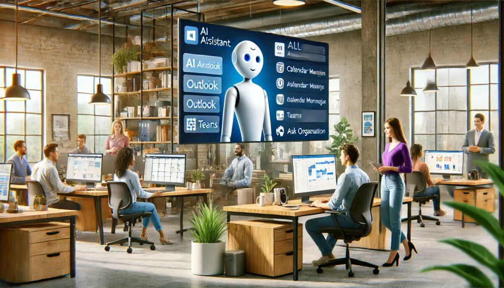Agente de IA de Microsoft asistiendo a empleados de una PyME en la pantalla, con integración de herramientas como Outlook y Teams