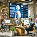 Agente de IA de Microsoft asistiendo a empleados de una PyME en la pantalla, con integración de herramientas como Outlook y Teams