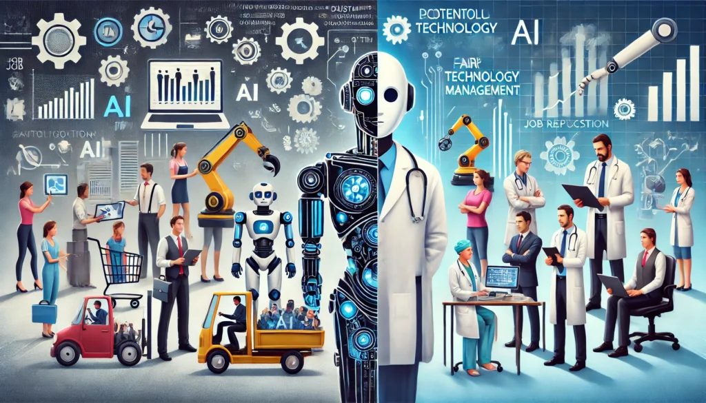 Representación futurista del impacto de la IA en el mercado laboral, con robots y gráficos de rendimiento que muestran la automatización y la transformación del empleo.