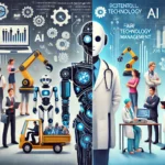 Representación futurista del impacto de la IA en el mercado laboral, con robots y gráficos de rendimiento que muestran la automatización y la transformación del empleo.