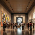 Sala de exposición en un museo moderno con visitantes observando obras de arte, incluidas creaciones generadas por IA, destacando el impacto de la inteligencia artificial en el arte contemporáneo.