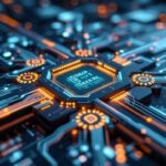 Chip tecnológico representando DeepSeek-R1, iluminado con circuitos brillantes en colores naranja y azul, destacando su innovación en inteligencia artificial de código abierto.