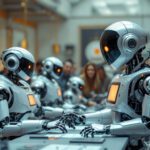 Robots interactuando durante un experimento IA en robótica en un museo de Shanghái, liderados por el robot Herbai.