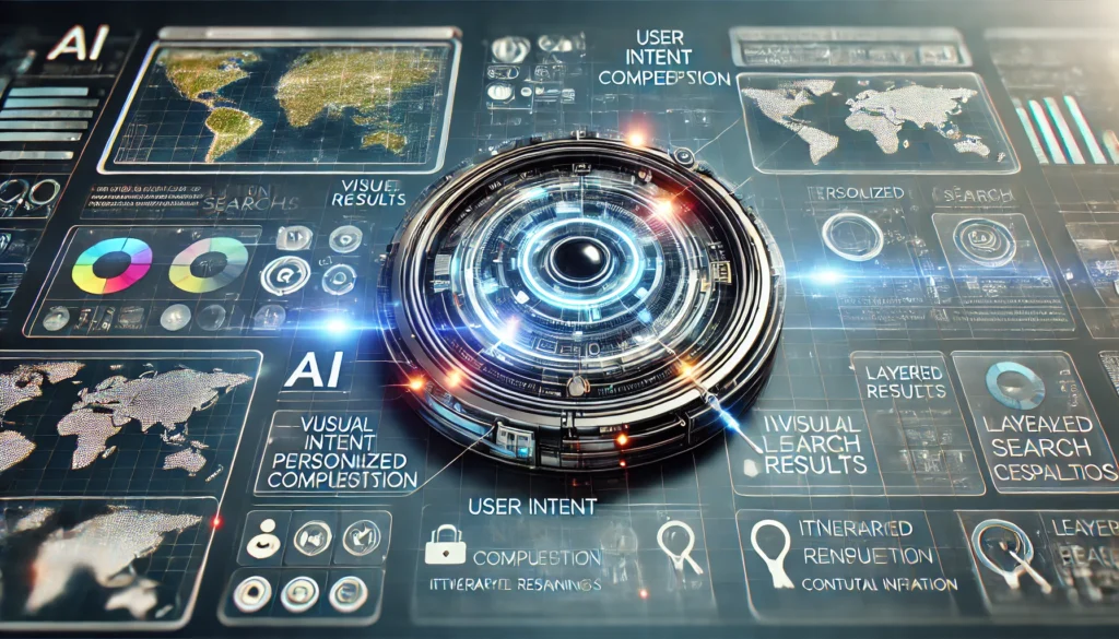 Interfaz futurista de motor de búsqueda mostrando una consulta con múltiples secciones organizadas, mapas visuales, planificación de itinerarios e información contextual.