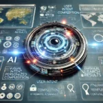 Interfaz futurista de motor de búsqueda mostrando una consulta con múltiples secciones organizadas, mapas visuales, planificación de itinerarios e información contextual.