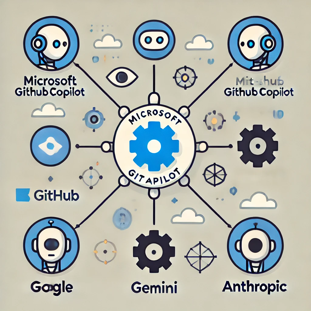 Ilustración simple de GitHub Copilot rodeado de íconos que representan modelos de inteligencia artificial de OpenAI, Google y Anthropic, mostrando la integración de IA en una plataforma unificada.