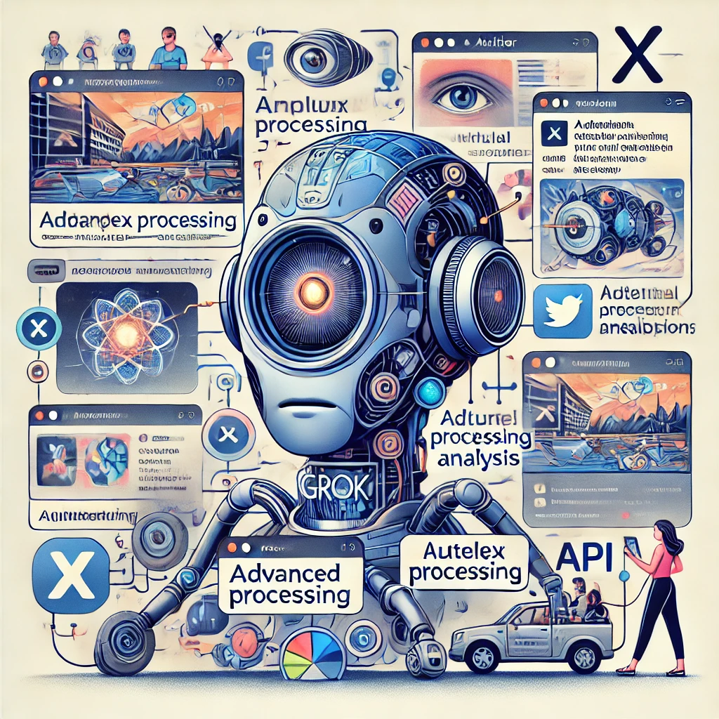 Ilustración futurista de la inteligencia artificial Grok, integrada en la plataforma X, mostrando sus capacidades avanzadas de procesamiento visual y análisis de imágenes mediante interfaces y APIs.