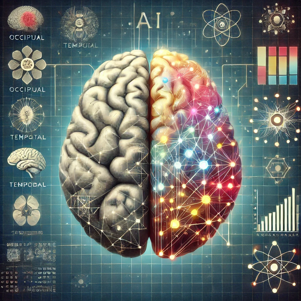 Ilustración de un cerebro humano con lóbulos etiquetados junto a una estructura de red neuronal, donde cada sección de la red se corresponde con funciones específicas del cerebro.