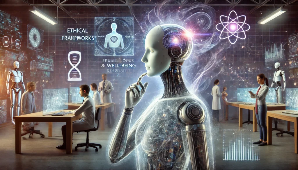 Imagen de un robot futurista con características humanas, representando la inteligencia artificial consciente, en una postura pensativa, iluminado por conceptos de ética y bienestar en IA en un entorno de laboratorio.