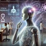 Imagen de un robot futurista con características humanas, representando la inteligencia artificial consciente, en una postura pensativa, iluminado por conceptos de ética y bienestar en IA en un entorno de laboratorio.