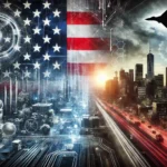 Una ciudad futurista que representa el avance de la inteligencia artificial, con una bandera estadounidense y tecnología de defensa en primer plano, simbolizando la competitividad y los desafíos éticos en un mundo digital.