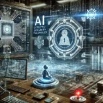 Ilustración detallada de un sistema avanzado de IA en ciberseguridad detectando vulnerabilidades en el código de software, simbolizando la defensa digital proactiva y el poder de la inteligencia artificial en seguridad.