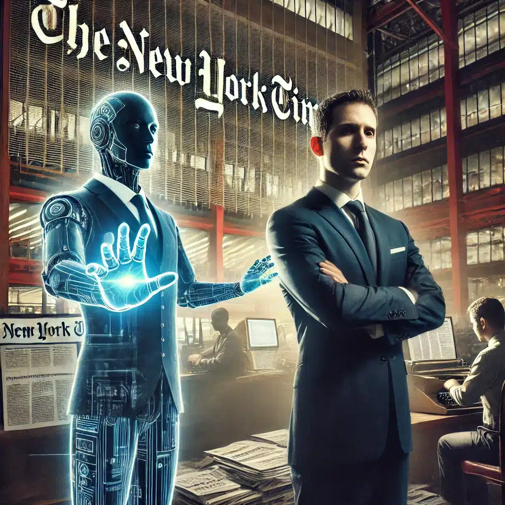 Un robot futurista y un periodista de traje, de pie frente al logotipo del New York Times, representan la tensión entre la inteligencia artificial y el periodismo tradicional en un entorno de redacción.