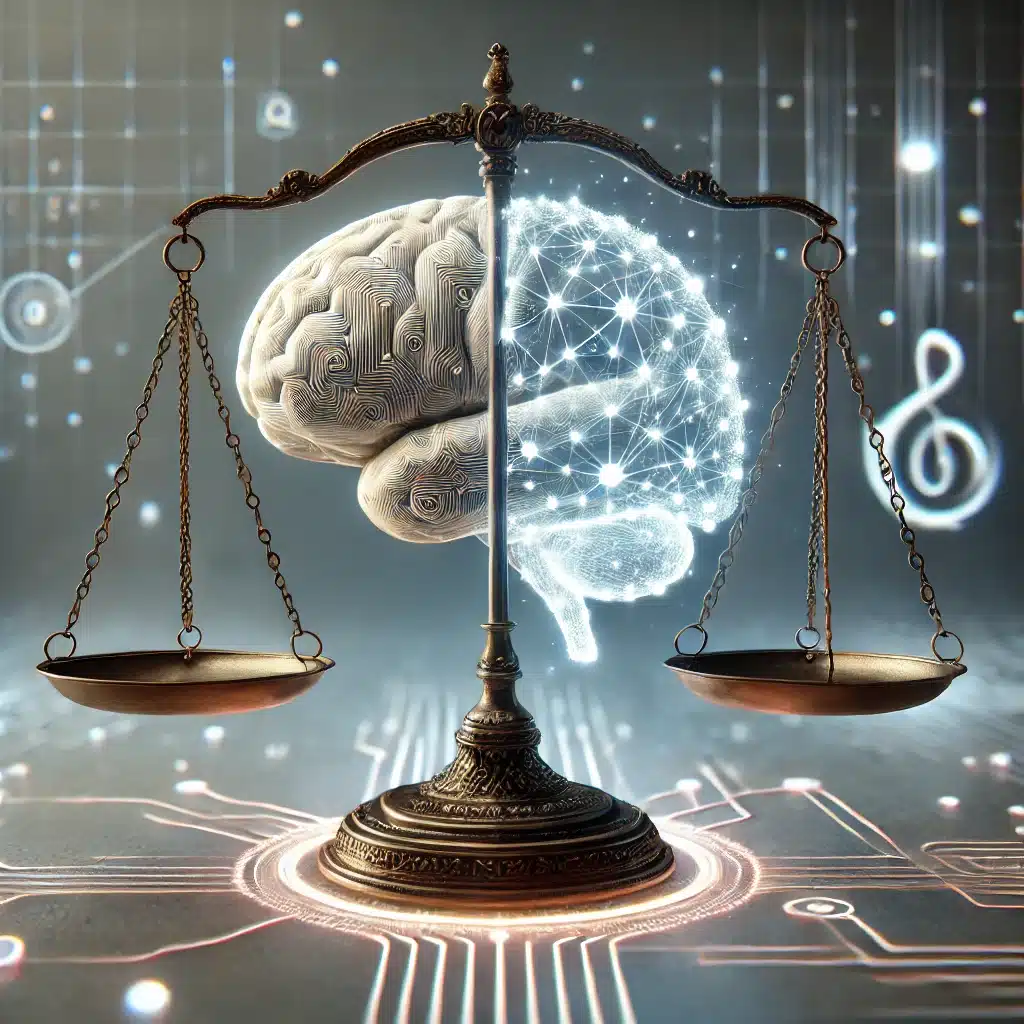 Una balanza de justicia equilibrada junto a un cerebro digital resplandeciente, simbolizando la intersección legal entre la ley de derechos de autor y los avances en inteligencia artificial.