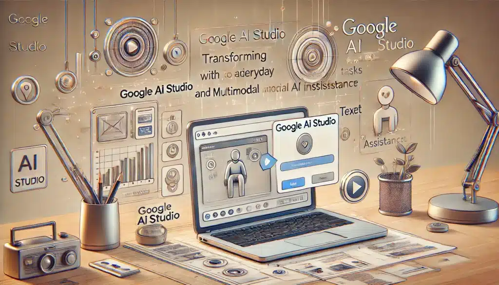 Ilustración detallada de Google AI Studio en acción, mostrando una pantalla de laptop con la interfaz abierta y varias herramientas de IA y asistencia multimodal representadas visualmente.