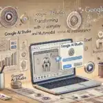 Ilustración detallada de Google AI Studio en acción, mostrando una pantalla de laptop con la interfaz abierta y varias herramientas de IA y asistencia multimodal representadas visualmente.