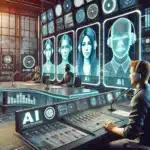 Estudio de radio futurista donde avatares digitales operados por inteligencia artificial reemplazan a periodistas humanos, destacando el avance de la automatización en medios de comunicación.