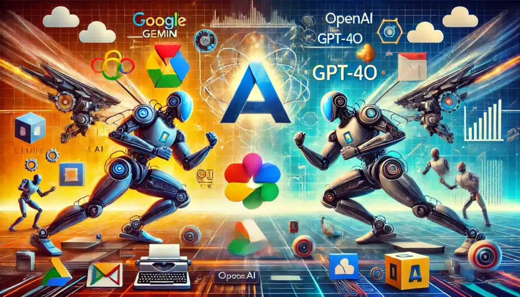 Representación visual de la competencia entre Google Gemini y OpenAI GPT-4o en el ámbito de inteligencia artificial, mostrando robots futuristas enfrentándose en un entorno digital, con íconos de Google Drive, Gmail y herramientas de IA.