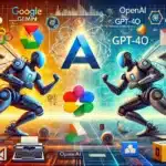 Representación visual de la competencia entre Google Gemini y OpenAI GPT-4o en el ámbito de inteligencia artificial, mostrando robots futuristas enfrentándose en un entorno digital, con íconos de Google Drive, Gmail y herramientas de IA.