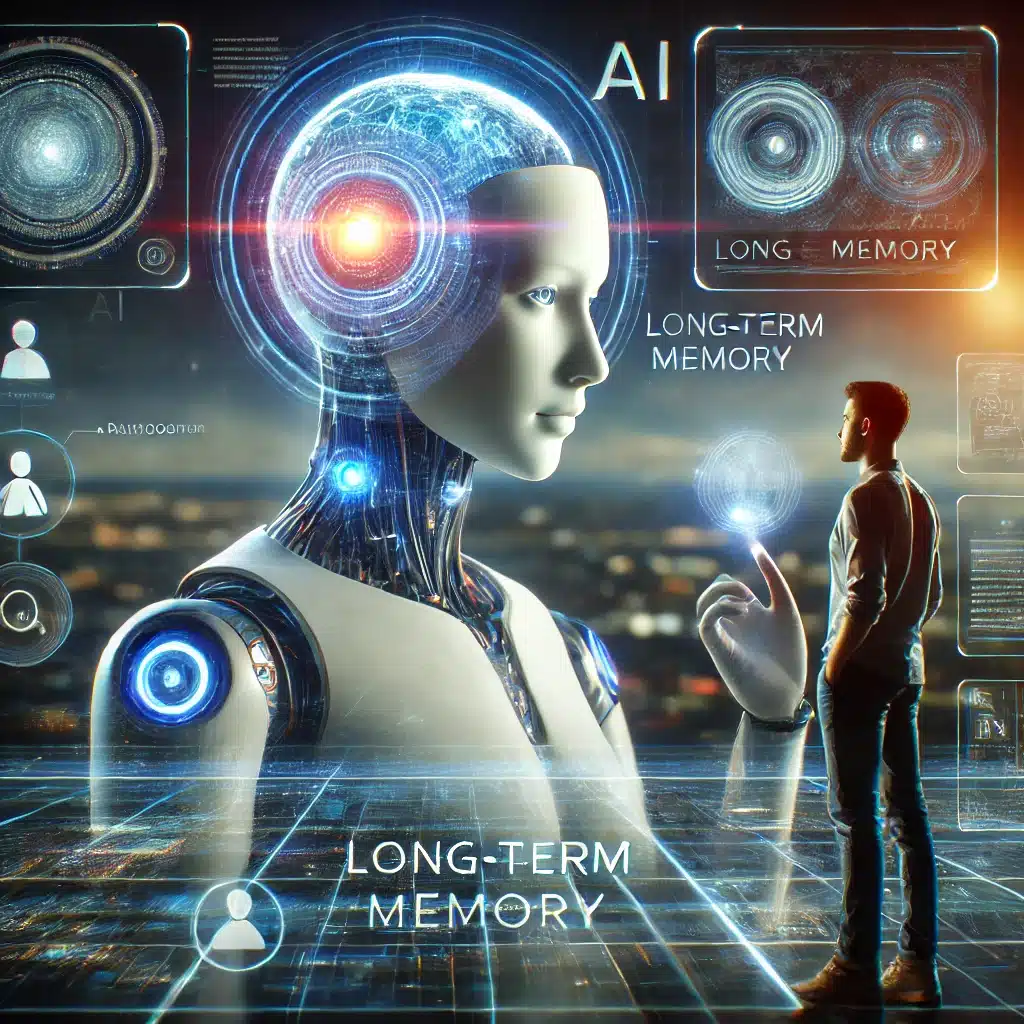 Representación de la inteligencia artificial con memoria a largo plazo, mostrando un androide avanzado interactuando con un humano en un entorno tecnológico futurista.