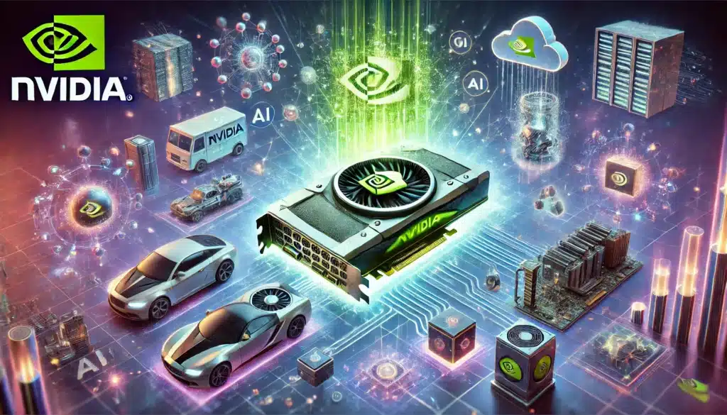 Representación visual de Nvidia en la era de la IA, destacando su GPU central rodeada de aplicaciones tecnológicas como vehículos autónomos, servidores y nubes de datos, simbolizando su liderazgo en inteligencia artificial e innovación tecnológica.