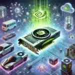 Representación visual de Nvidia en la era de la IA, destacando su GPU central rodeada de aplicaciones tecnológicas como vehículos autónomos, servidores y nubes de datos, simbolizando su liderazgo en inteligencia artificial e innovación tecnológica.