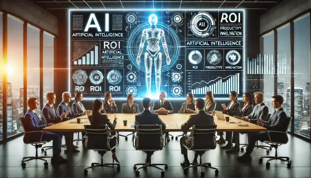 Sala de juntas moderna con ejecutivos discutiendo sobre la adopción empresarial de la IA, con una pantalla que muestra gráficos de ROI, productividad e innovación relacionados con esta tecnología.