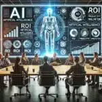 Sala de juntas moderna con ejecutivos discutiendo sobre la adopción empresarial de la IA, con una pantalla que muestra gráficos de ROI, productividad e innovación relacionados con esta tecnología.
