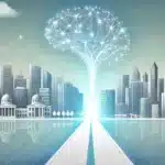 Representación conceptual de la AGI como una red neuronal luminosa emergiendo en el centro de una ciudad futurista, simbolizando la conexión entre tecnología avanzada y sociedad moderna.