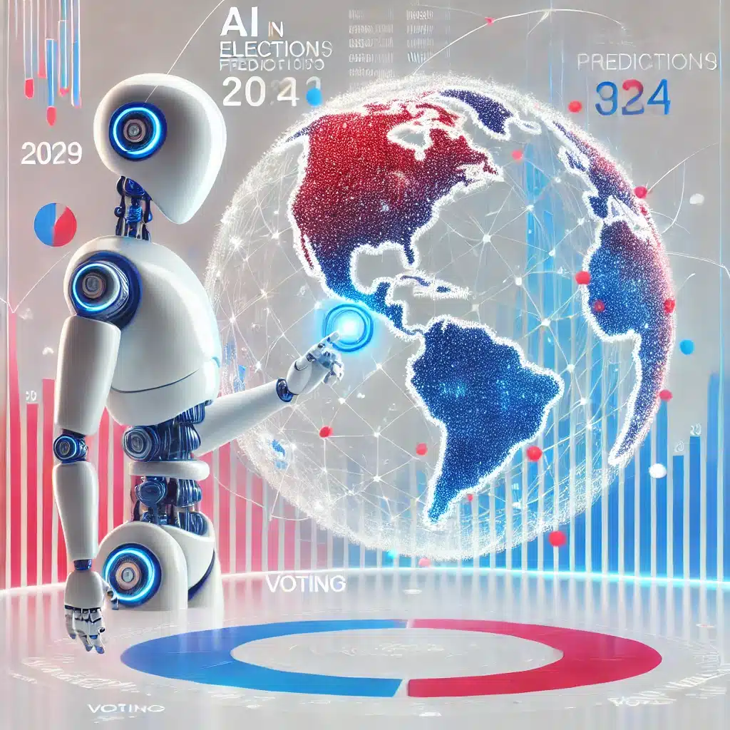 Un robot futurista interactuando con un mapa digital del mundo que muestra predicciones electorales basadas en IA, acompañado de gráficos y datos estadísticos de votación.