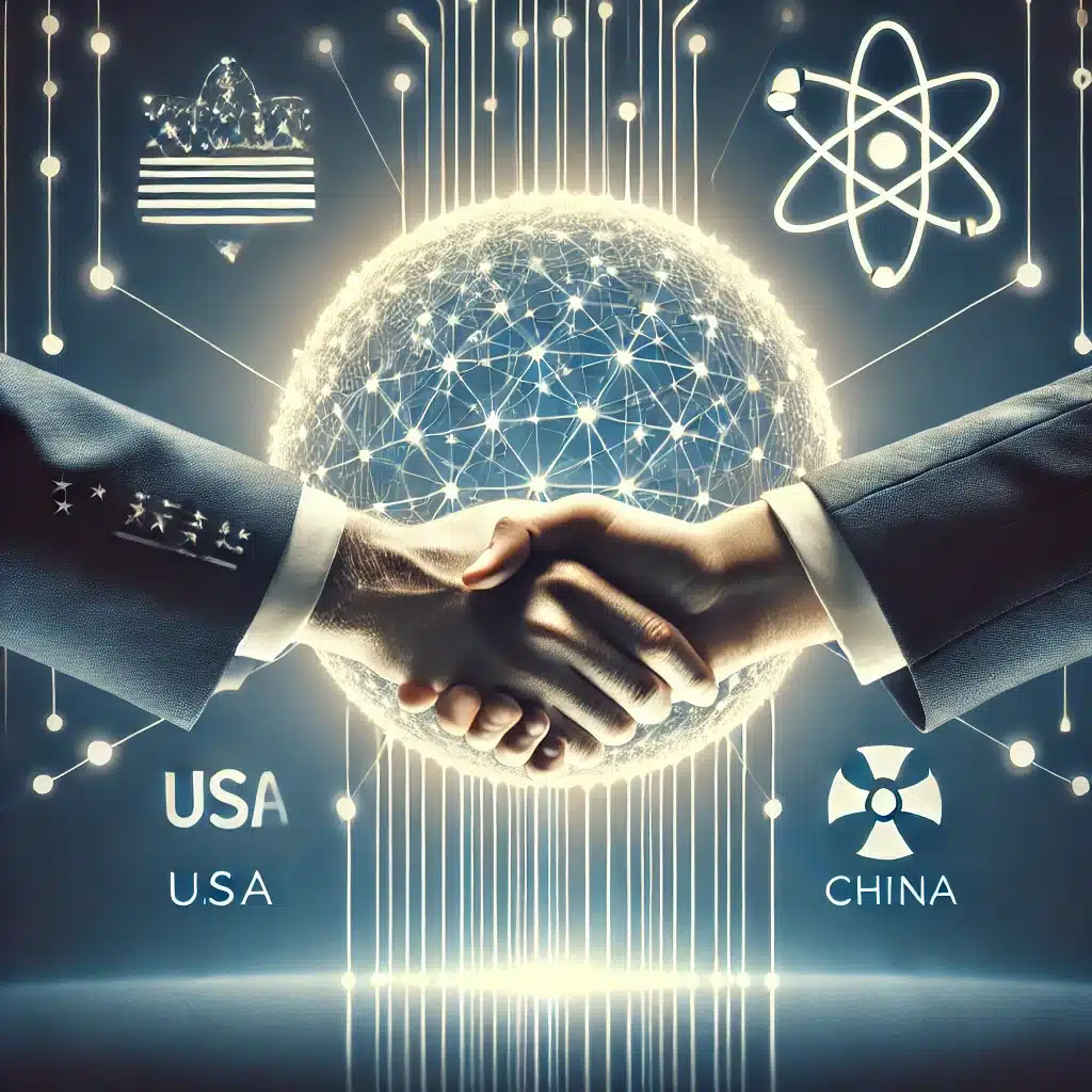 Representación simbólica de un acuerdo entre Estados Unidos y China sobre la regulación de la IA en el ámbito nuclear, con un apretón de manos frente a un fondo tecnológico que incluye iconos de redes neuronales y energía nuclear.