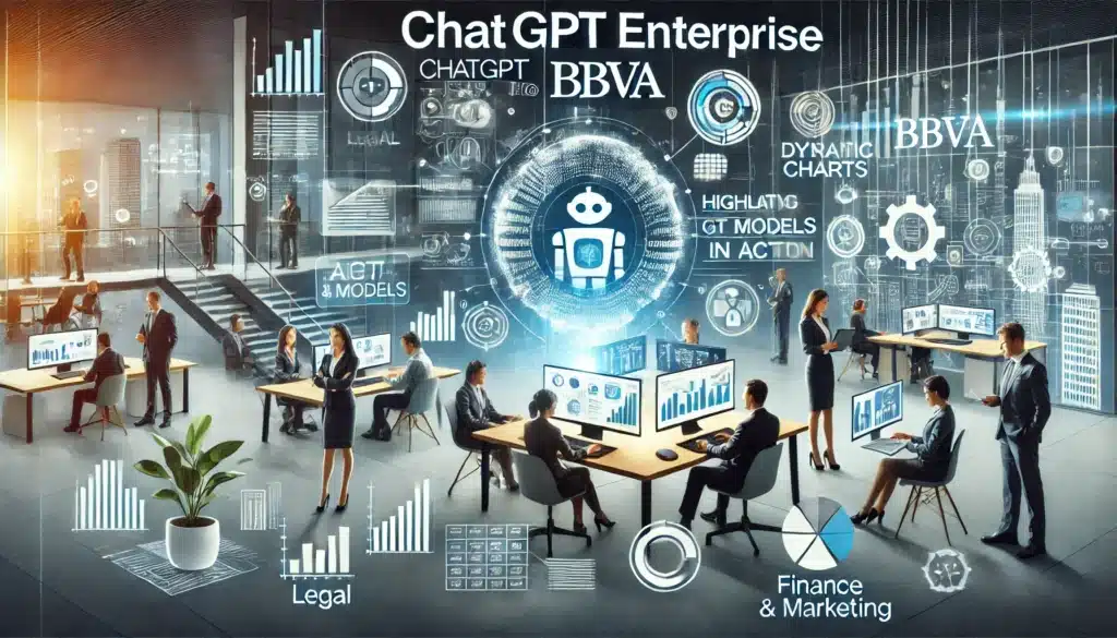 Representación del éxito de ChatGPT Enterprise en BBVA, con empleados colaborando en un entorno digitalizado, rodeados de gráficos interactivos que destacan áreas como legal, marketing y análisis financiero.