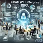 Representación del éxito de ChatGPT Enterprise en BBVA, con empleados colaborando en un entorno digitalizado, rodeados de gráficos interactivos que destacan áreas como legal, marketing y análisis financiero.