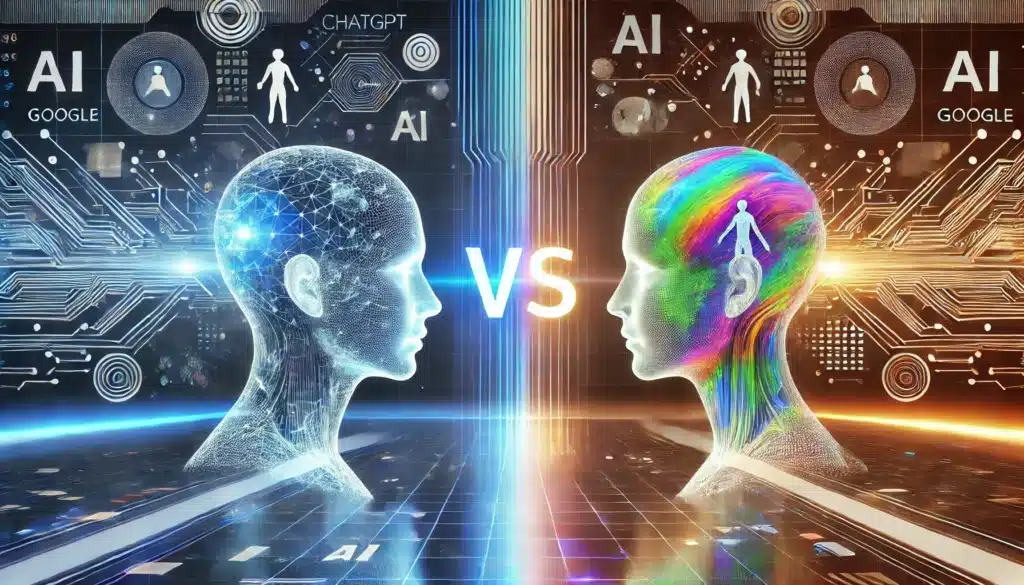 Representación conceptual de una comparación entre Gemini y ChatGPT, mostrando dos figuras humanoides digitales enfrentadas, una con un diseño azul futurista y otra con un patrón multicolor, destacando la tecnología de inteligencia artificial.