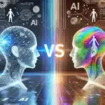 Representación conceptual de una comparación entre Gemini y ChatGPT, mostrando dos figuras humanoides digitales enfrentadas, una con un diseño azul futurista y otra con un patrón multicolor, destacando la tecnología de inteligencia artificial.