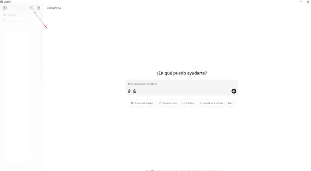 Interfaz de ChatGPT mostrando la barra de búsqueda en el historial, indicada con una flecha, y opciones adicionales como crear imágenes, resumir texto, y comandos de voz para interacción avanzada.