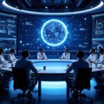 Científicos en una sala futurista con gafas de realidad virtual, analizando datos en una mesa redonda iluminada, con un holograma de red global en el centro, representando la colaboración para el desarrollo de la inteligencia artificial general (AGI).